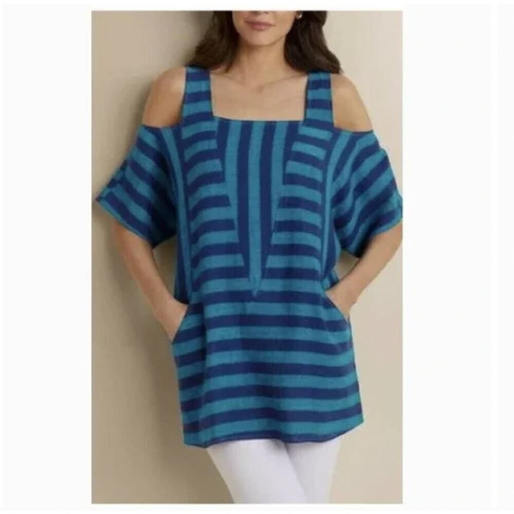 Soft Surroundings Cold Choulder Linen Blend Striped Blouse Blue Size XL Coastal